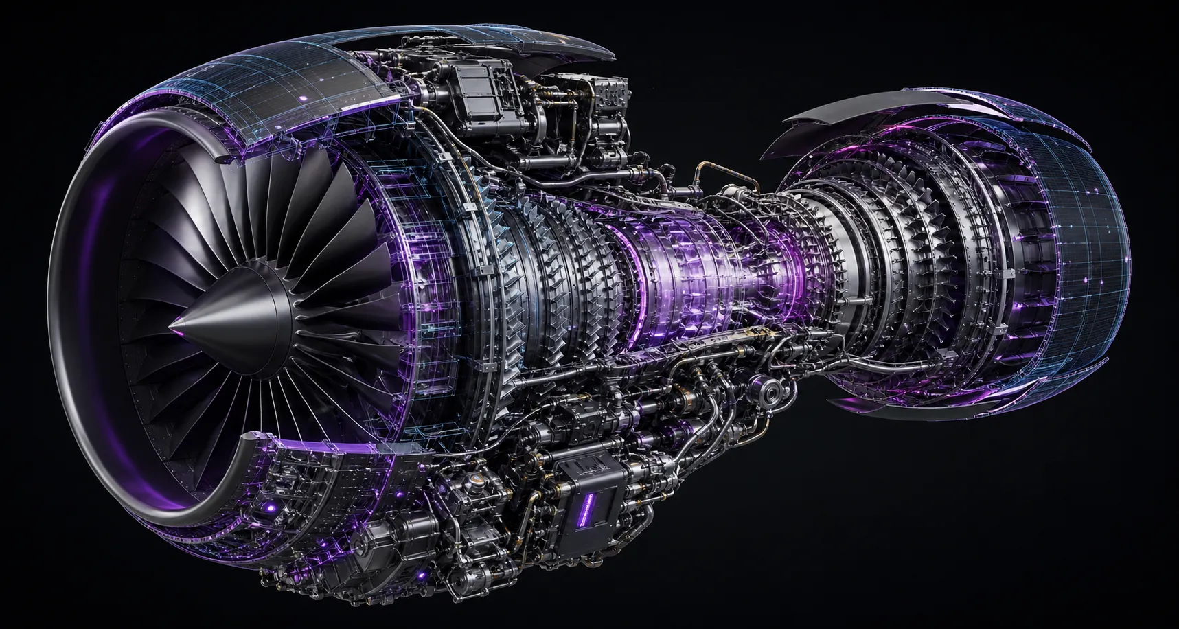 Detailed spatial CAD rendering of an aircraft engine