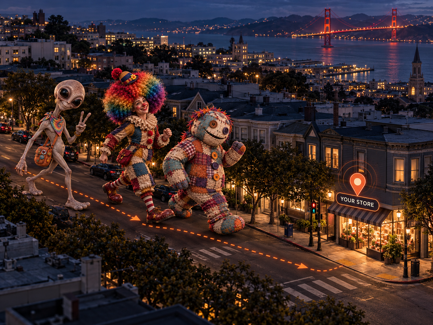 Hippie Gray, Rainbow Clown and Patchwork Pal follow a route through San Francisco toward your store