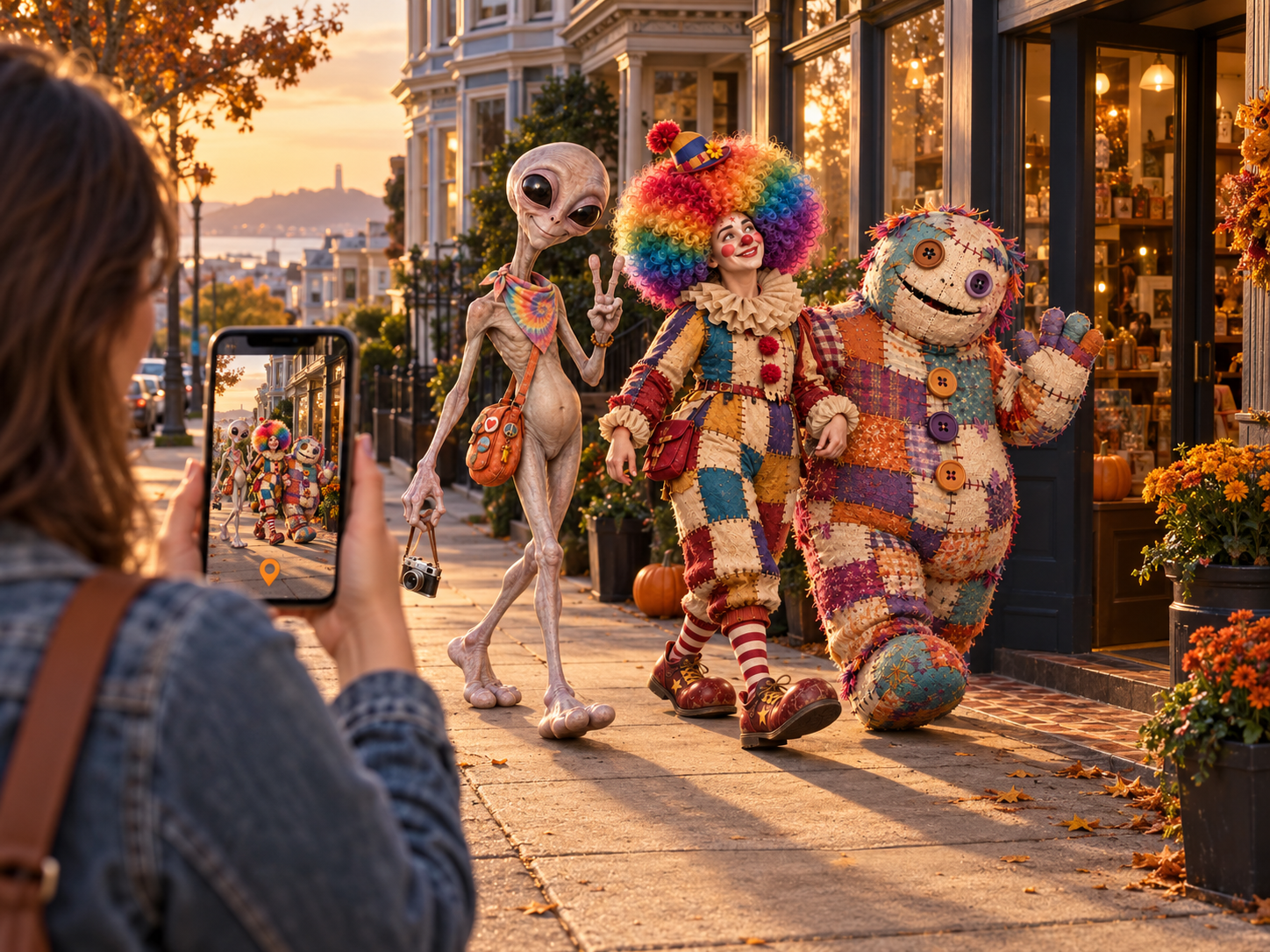 A person uses her phone to discover three virtual Halloween characters outside a San Francisco shop