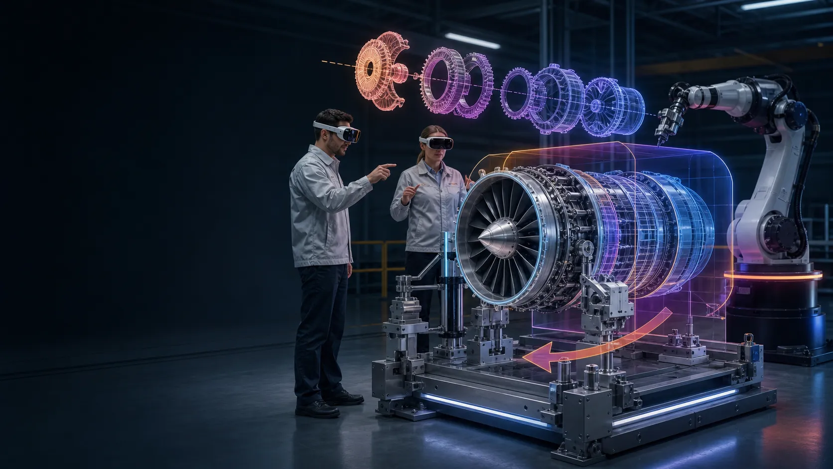 Manufacturing team visualizing assembly work in a production environment